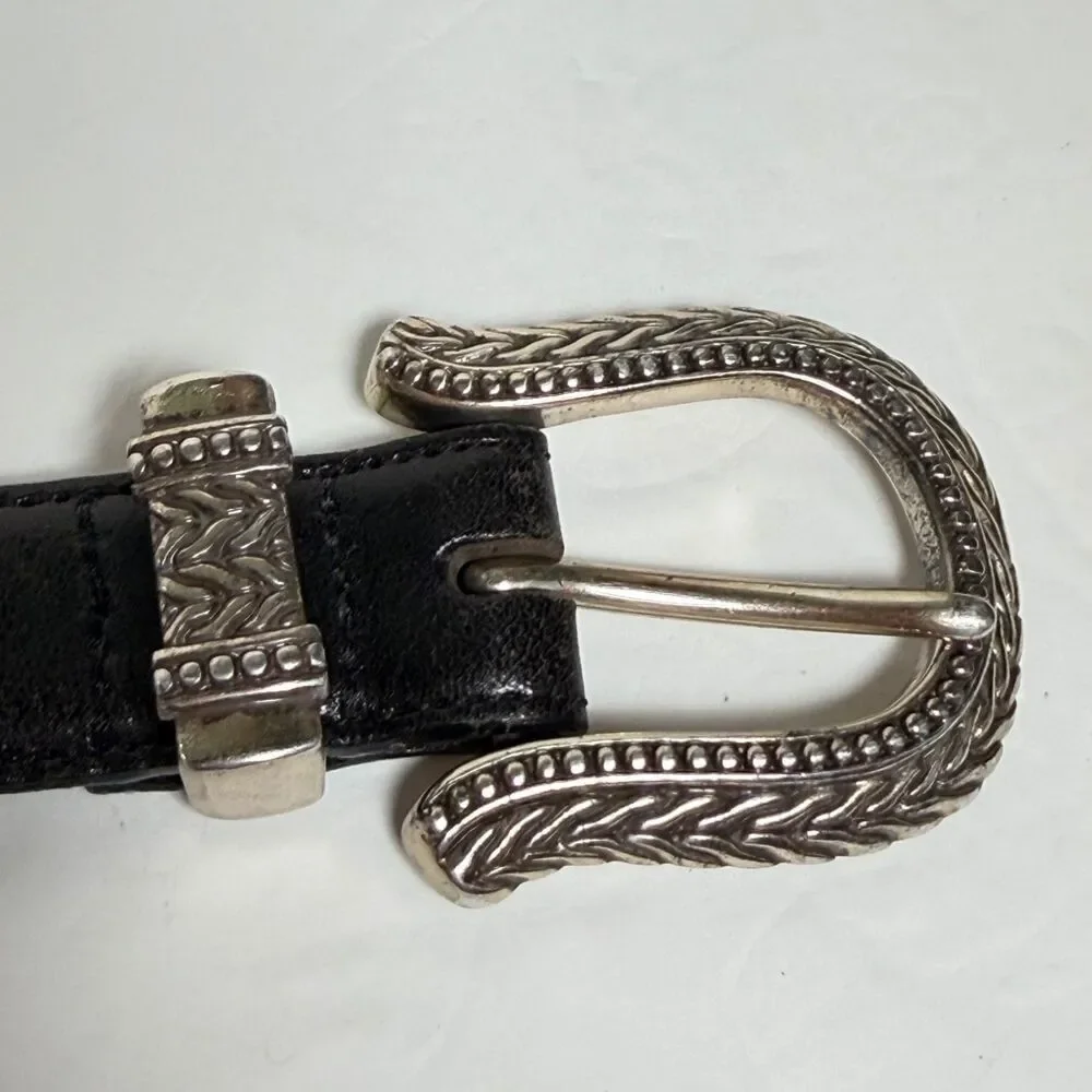 Vintage Talbots Black Leather Belt Silver Tone Knot Buckle Large 1996 Western